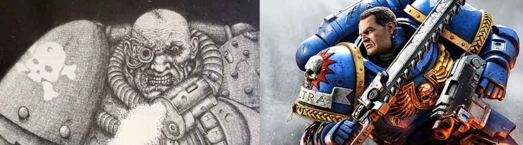 a side by side comparison of old space marine art and new space marine art.